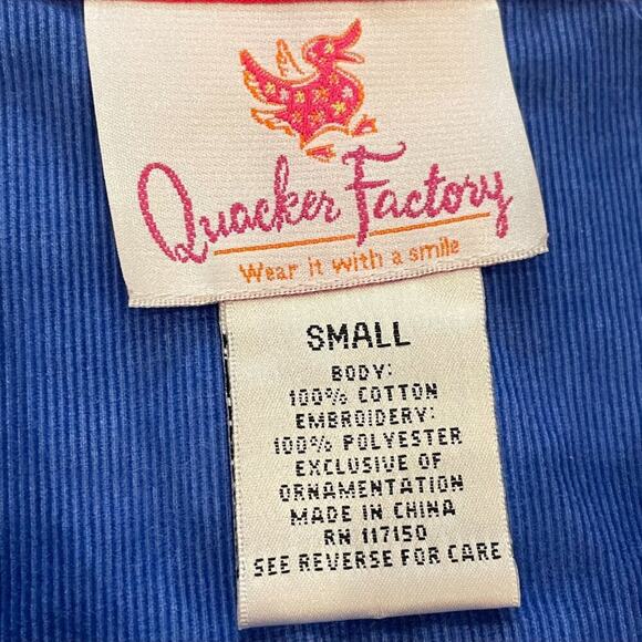 Quacker Factory Blue Corduroy Embroidered Button Down Shirt, Apple Print, Size S - Picture 9 of 13